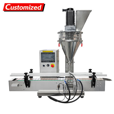 Bom preço. Máquina de enchimento de pó de mesa totalmente automática personalizada com sistema de controle PLC e aço inoxidável 304 de qualidade alimentar para faixa de enchimento de 50g-500g on-line